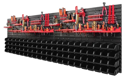 Produktbild von Werkzeugtafel - Werkstattpanel - 234 x 78 cm - 84 schwarze Sichtlagerkästen