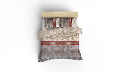 A top-down view of a bed with bedding.