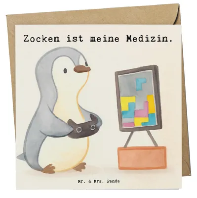 Produktbild von Mr. & Mrs. Panda Klappkarte Pinguin Zocken Design - Weiß - Geschenk, Videospiele, Gaming, Videogames, faltkarte, doppelkarte, Glückwunschkarte, anlasskarte, Grußkarte