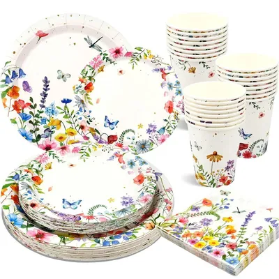 Image de Solidchoice - 100 pièces de décorations de fête printanières sur le thème des fleurs sauvages - Assiettes, serviettes et gobelets