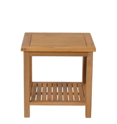 A wooden side table with a slatted shelf underneath.