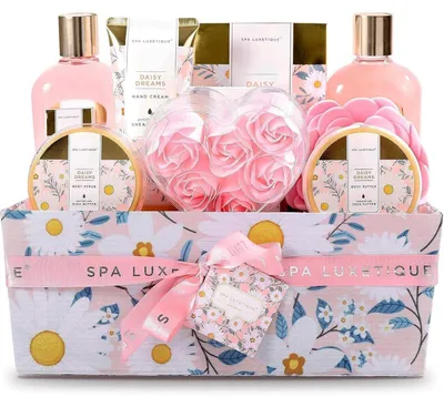 Immagine prodotto di Set regalo per il bagno da donna, composto da 12 pezzi, con profumo di margherita, ideale per il benessere, e include una scatola per fazzoletti