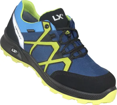 A single blue and black safety shoe with yellow accents is shown from a three-quarter side view against a white background.