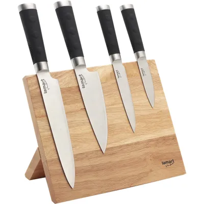 Obrázok produktu pre LAMART LT2026 sada 4 kusov nerezových nožov 7,5 cm, 12,5 cm, 15 cm a 20 cm na magnetickom stojane rade BLADE, skladací drevený blok s magnetickým vnútrom