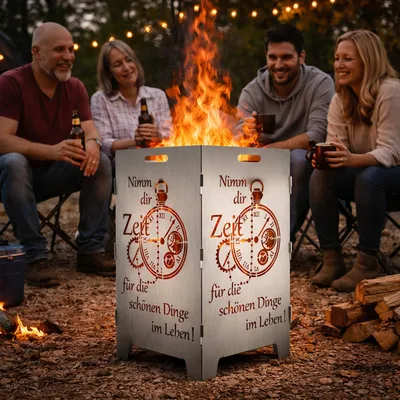 Produktbild von TiKo-Design Feuerkorb mit Zeit-Motiv, 2- fach Laserung, Zerlegbar, Gartendekoration, Feuerkorb & Sitzgelegenheit
