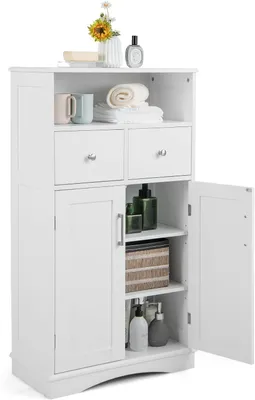 A white bathroom cabinet with its door open, displaying various items inside.