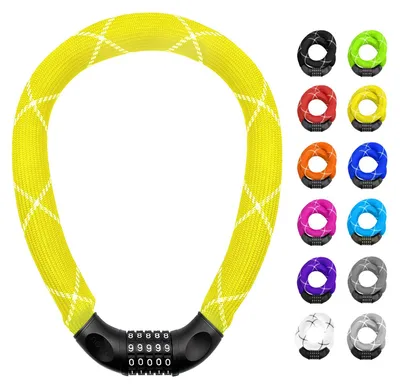 Productafbeelding van Fietsslot met cijferslot, ketting met hoge beveiligingsklasse, fietsslot met cijfercode, ketting van gehard staal, extreem robuuste textielomslag, geel, 6 x 6 mm x 900 mm