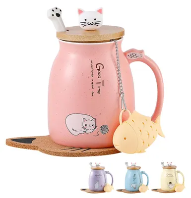 Zdjęcie produktu dla Filiżanka z motywem kota, słodka ceramiczna filiżanka do kawy z pokrywką, łyżeczka ze stali nierdzewnej, nowość, filiżanka na poranną kawę lub herbatę, idealna na Boże Narodzenie, kubek prezentowy, filiżanka do herbaty z pokrywką i sitkiem, prezenty dla kobiet, 380 ml (różowa)