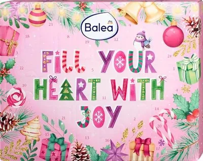A pink advent calendar with Christmas-themed decorations and text.