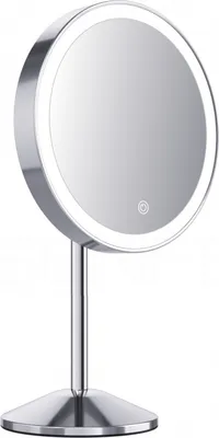 A silver LED makeup mirror with a round illuminated mirror face and a circular base.