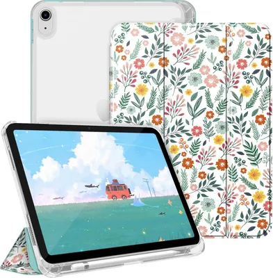 Produktbild von Fintie Hülle für iPad (A16) 11 Generation 11 Zoll 2025, iPad 10 Generation 10.9 Zoll 2022 mit Stifthalter - ultradünne leichte Schutzhülle mit transparenter Rückseite, Auto Schlaf/Wach, Frühlingblume