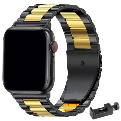 Produktbild von Stravo Stahlarmband – Kompatibel mit Apple Watch 42/44/45/46/49 mm, Serie 1–11 & Ultra – Metallarmband, Einheitsgröße – Schwarz/Gold
