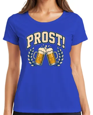 Productafbeelding van PROST! Bierkruik, , volksfeest, feest, grappig, lederen broek, dames T-shirt, blauw, maat S