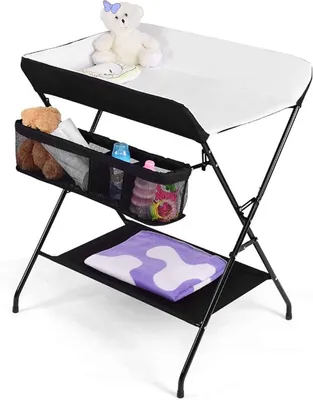 Imagen del producto de Mesa cambiadora para bebés - Cambiador infantil - Para el cuidado del bebé - Plegable y portátil - 79 x 55,5 cm - Blanco y negro