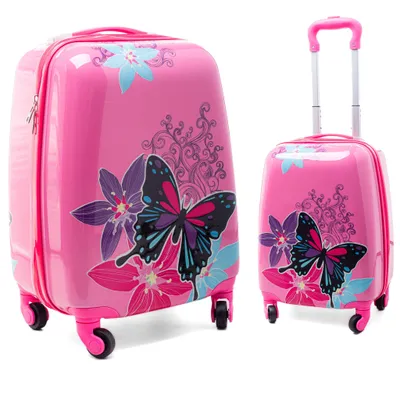 Two pink suitcases with butterfly and flower designs, one upright with handle extended, the other lying down.