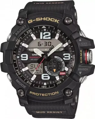A close-up studio shot of a black Casio G-Shock Mudmaster watch.