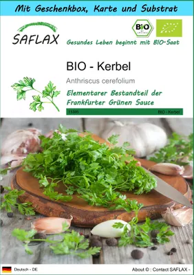 Produktbild von SAFLAX - Geschenk Set - BIO - Kerbel - 800 Samen - Mit Geschenk- / Versandbox, Versandaufkleber, Geschenkkarte und Anzuchtsubstrat - Anthriscus cerefolium