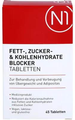 Produktbild von N1 Fett- Zucker- & Kohlenhydrate Blocker Tabletten zur Behandlung und Vorbeugung von Übergewicht und Adipositas, 45 St. Tabletten