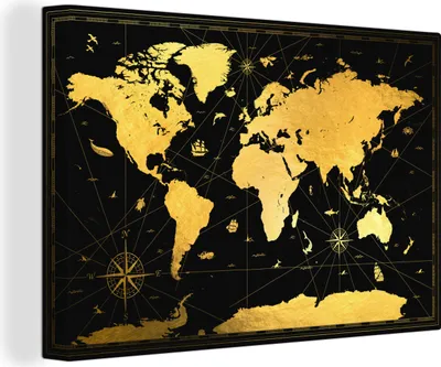 Produktbild von MuchoWow® - Leinwandbilder - Weltkarte - Gold - Schwarz - Luxus, Wandbild, Wanddeko Bilder Wohnzimmer, 60x40 cm