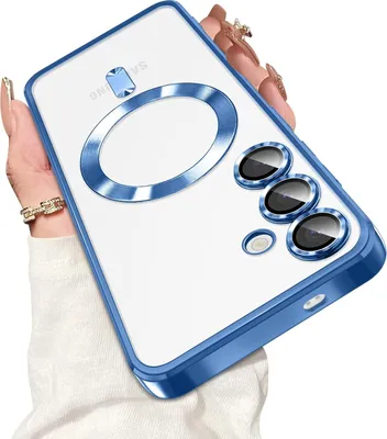 A hand holding a clear phone case with blue trim, showcasing the Magsafe ring and camera protection.