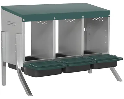 Obrázek produktu pro Hnízdo pro slepice s 3 oddíly a funkcí automatického otáčení | Barva: stříbrná | Rozměry: 55 x 84 x 61 cm