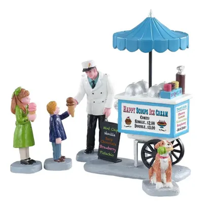Bild zeigt charmante Miniatur-Szene, die Eiswagen mit dem Namen "Happy Scoops Ice Cream" darstellt.