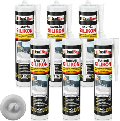 Produktbild von Isolbau Sanitär Silikon 6 x 300 ml Hellgrau - Hochelastischer Silikon-Dichtstoff für Abdichtungen & Fugen – Schimmelresistent, wasserdicht -  Kartusche