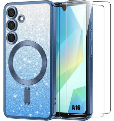 Image de Coque + 2 Verres Trempés pour Samsung Galaxy A16 4G/5G, Protection Paillette Cercle Magnétique Antichoc Film Caméra - Bleu