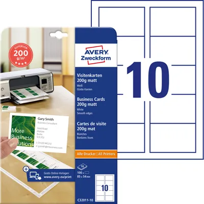 Produktbild von Avery Zweckform C32011-10, Superior Visitenkarten, 85 x 54 mm, einseitig beschichtet, 100 Karten / 10 Bögen
