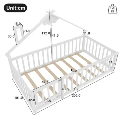 Imagen del producto de Cama infantil tipo casa - Cama individual - 90 x 190 cm - Madera de haya - Barandillas de seguridad - Para montaje - Blanco