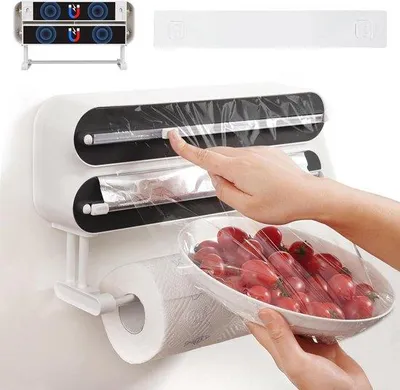 Produktbild von Famanu Folienhalter 3-in-1 mit Wandmontage und Folienmesser - transparente Folien-Dispenser schwarz