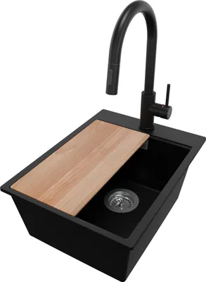 Produktbild von PRIMAGRAN Granitspüle Schwarz 38x50cm, Spülbecken 1 Becken + Küchenarmatur 40x20cm + Ablauf-Set + Schneidebrett, Küchenspüle ab 40er Unterschrank - Oslo