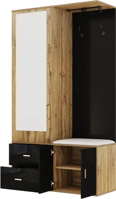 Produktbild von Kleiderschrankset 100x38x180 cm Schwarz und Holzfarbe Elegantes mit Spiegel Schuhschrank Schuhbank mit Haken und Ausziehbaren Kleiderbuegeln