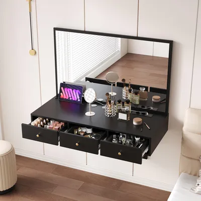 Image de OKWISH Coiffeuse Murale Noir - Table de Maquillage Suspendue avec Miroir LED et 3 Tiroirs - Panneau de Particules - 100x45x105 cm