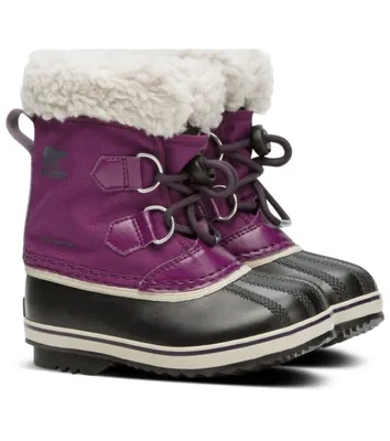 A pair of purple and black youth winter boots.