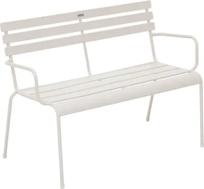 A white metal garden bench on a white background.