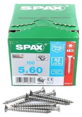 Immagine prodotto di SPAX® 1197000500603 Viti universali SPAX® T20 a testa svasata, non trattate, A2 1197000500603 5 mm x 60 mm, 100 pezzi