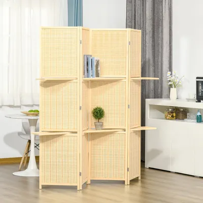 Produktbild von SUGIFT Raumteiler Bambus faltbar, Raumtrenner mit 2 Regalen, Paravent Naturholz, Natur | 180 x 180 cm | 4-teilig | 9 Metallscharniere