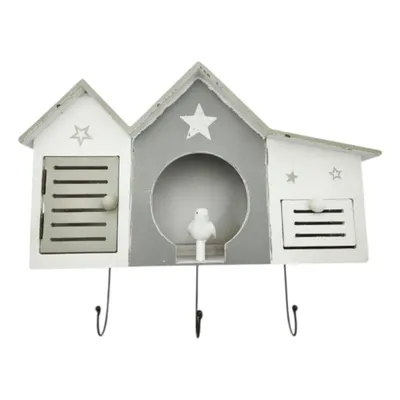 Produktbild von Wandgarderobe weiß Shabby Landhaus – 3 Haken, 1 Schublade, Haus & Stern Flurgarderobe