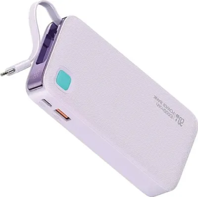 A white power bank with a purple accent and a teal button, shown at an angle with a white cable attached.