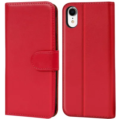 A red iPhone XR wallet case is shown from the front, both open and closed.