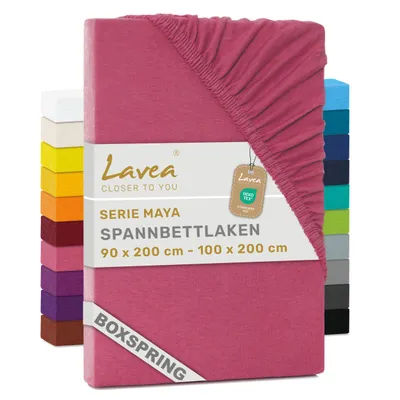 Produktbild von Lavea® Spannbettlaken 90-100x200 cm - Boxspringbett, Jersey, 40 cm Steghöhe, 100% Baumwolle, weich, atmungsaktiv, pflegeleicht, formstabil - Koralle