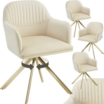 A collage of cream-colored swivel chairs with gold legs, showcasing different angles and arrangements.
