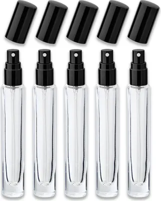 Produktbild von 5x Glasflasche klar 10 ml rund mit schwarzem Zerstäuber Parfumflakon Kosmetikflaschen