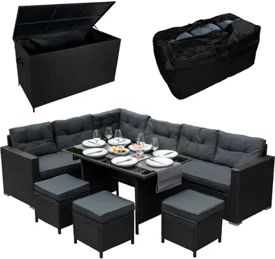Produktbild von Rattan Eckgarnitur & Kissenbox Große 582L Auflagenbox Gartentruhe Schwarz