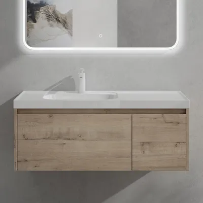Immagine prodotto di doporro Mobile Bagno Sospeso 100cm, Mobile da Bagno con Cassetto Include Lavabo Bianco Salerno F161, Rovere chiaro