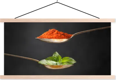 Produktbild von MuchoWow® Textilposter Kräuter - Löffel - Gewürze - Schwarz - Italienisch 120x60 cm mit holzfarbenen Rahmen - Klemmleiste