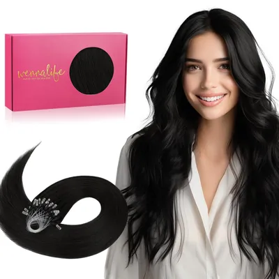 Immagine prodotto di Estensioni per microanelli, capelli veri, 50 grammi, 35 cm, nero profondo, Remy, lisci, invisibili
