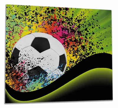 Produktbild von Wallario Herdabdeckplatte aus Glas, Größe 60 x 52 cm 1-teilig, Motiv Fußball - Design Wellen und Regenbogen in grün