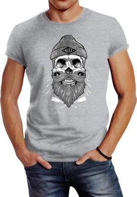 Produktbild von Herren T-Shirt Captain Skull Beard Totenkopf Bart Kapitän Slim Fit Neverless® grau 3XL